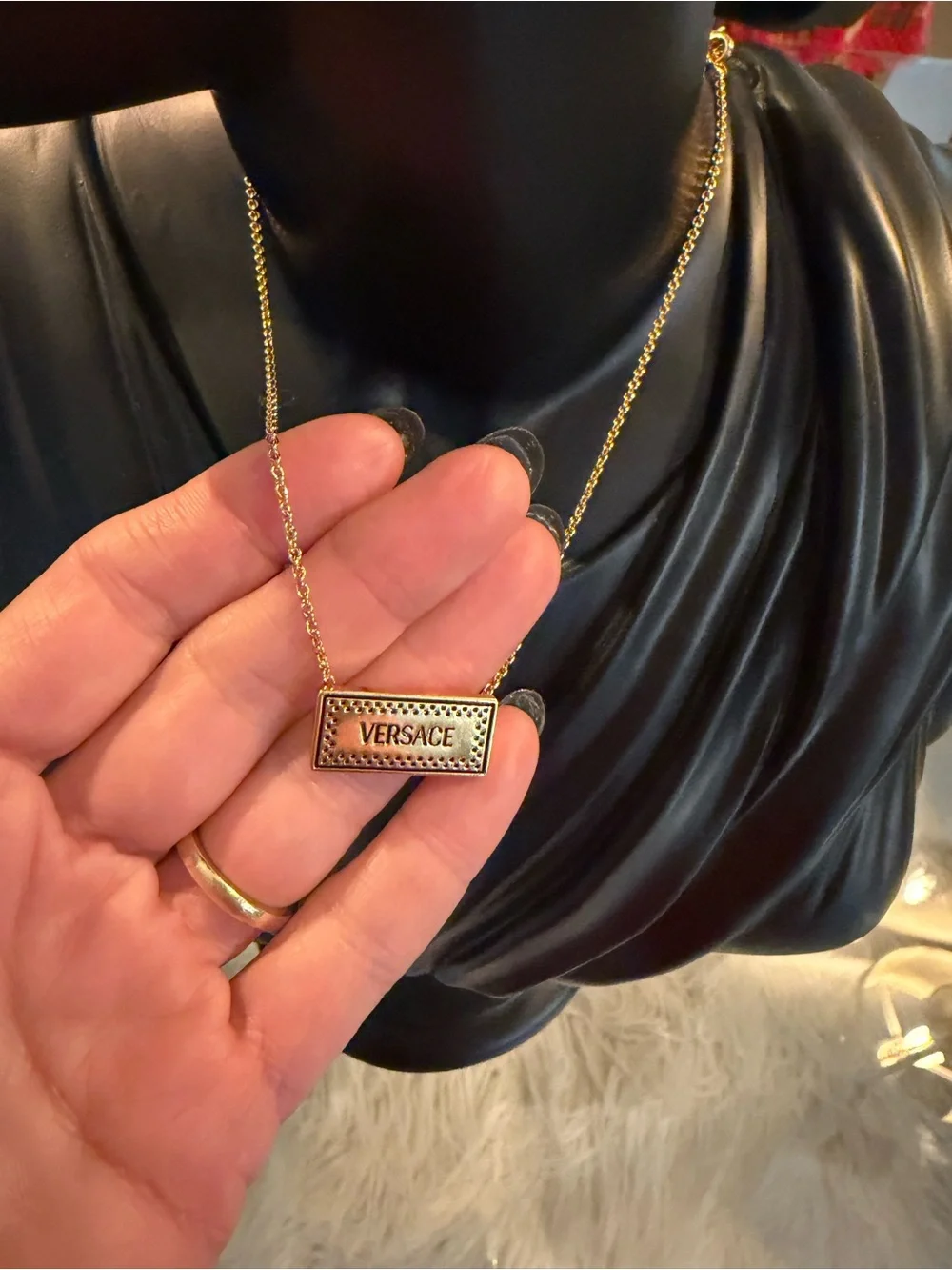 Versace Gold Logo Bar Necklace with Pink Floral Accent